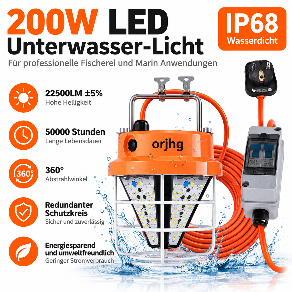 200W LED Unterwasserlampe IP68 – Grünes Fischlicht 22500LM für Boot und Angeln