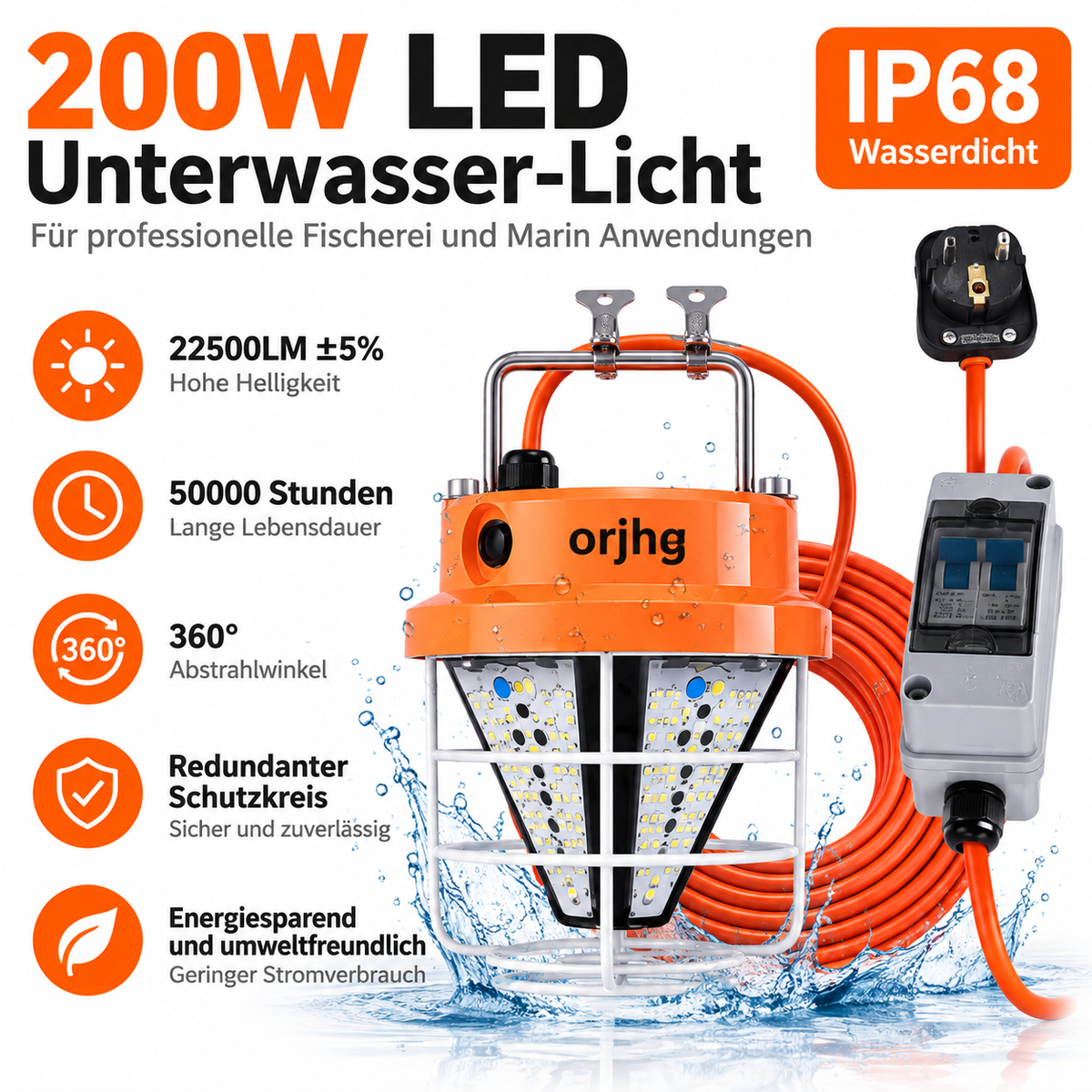 200W LED Unterwasserlampe IP68 – Grünes Fischlicht 22500LM für Boot und Angeln
